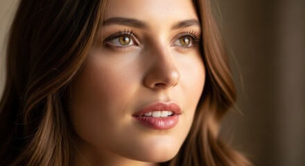 Fototapeta premium Close-up portrait of a young woman with expressive hazel eyes and