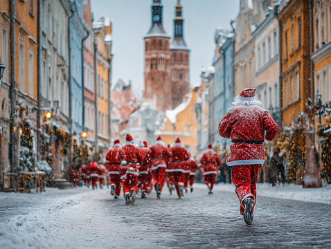European Santa Marathon event, classic old town backdrop with historic buildings, dozens of participants in red Santa costumes, winter atmosphere with light snow, warm festive mood,