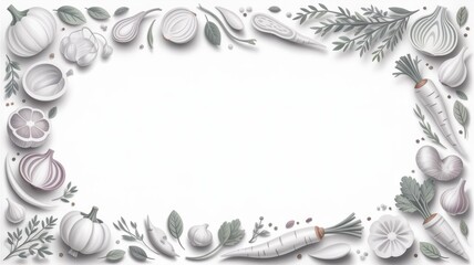 A minimalist white frame of assorted vegetables, herbs, and spices like garlic, onions, carrots, and leaves, creating a clean culinary border.