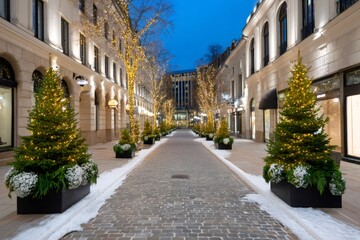 Fototapeta premium City street decorated for Christmas during evening holidays