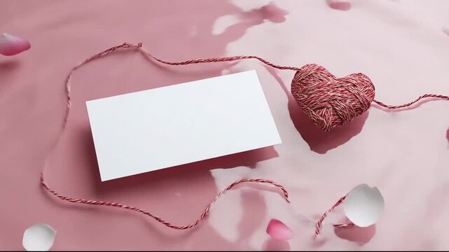 A blank white card and a heart made of red and white twine float on the rippling surface of pink water accompanied by loose strands of twine and a single petal