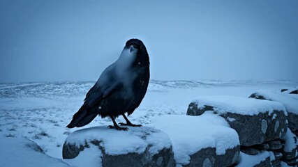 A solitary crow perched on a snow-covered stone wall, observing the cold, misty landscape. - Powered by Adobe