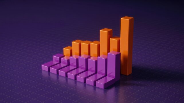 Modern 3D bar chart illustrating progressive data trends with vibrant purple and orange columns against a subtle grid background, symbolizing growth.
