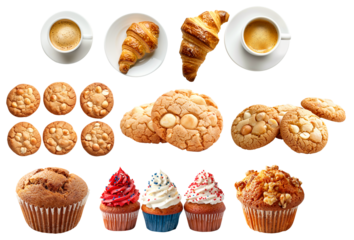 Various cookies, muffins, and croissants arranged in rows, isolated on white background. Concept of bakery goods.