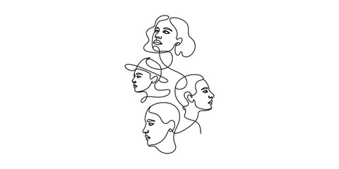 Diverse human faces in minimalist continuous line art illustration