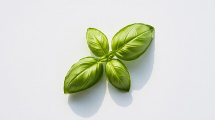 Fototapeta premium Vibrant green basil sprig on a white background, showcasing fresh culinary herbs with delicate shadows. Perfect for cooking and garnish.