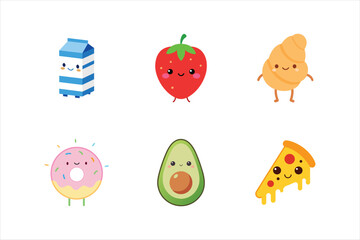 Collection of adorable cartoon food icons with happy faces. A bundle of vector templates featuring various breakfast and snack items