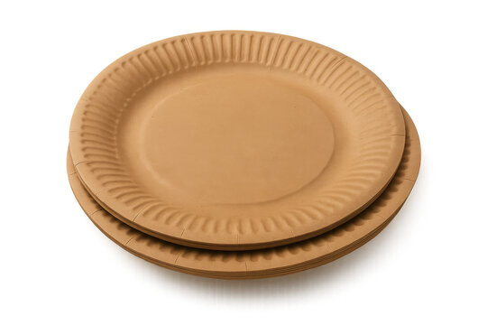 Stack of eco-friendly brown paper plates, disposable cardboard tableware for picnics and outdoor events, transparent background