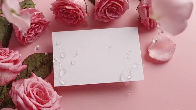 A blank white card sits on a pink background surrounded by fresh pink roses green leaves and scattered wet petals