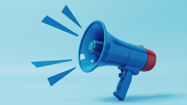 A vibrant blue megaphone with red accents, emitting blue sound waves on a light blue background, symbolizing announcement or broadcast.