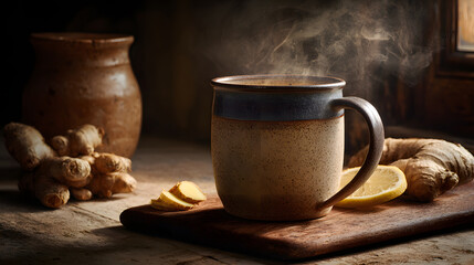 Steaming mug of hot ginger tea on rustic wooden surface, surrounded by fresh ginger root, lemon slices, and clay pot in warm, cozy lighting