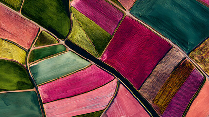 Abstract aerial view of colorful crop fields with vibrant pink, green, and yellow patterns creating striking agricultural landscape