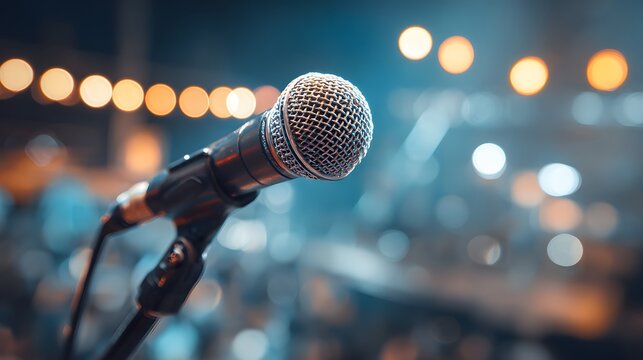 Stage microphone awaits performance against a backdrop of warm and cool ambient lights