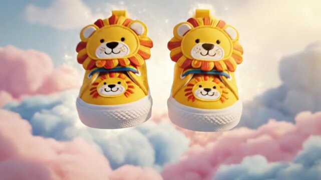 A vibrant yellow children's sneaker, artfully adorned with cheerful embroidered lion faces and a colorful rainbow lace detail, gracefully floats amidst a whimsical backdrop of soft, dreamy pastel clou