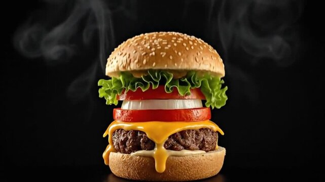 A visually captivating, deconstructed burger is dramatically presented against a dark, smoky background, showcasing its vibrant and fresh components. A succulent, perfectly grilled beef patty, generou