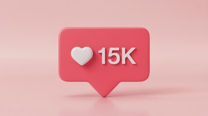 A 3D rendered pink social media notification icon displaying a white heart and '15K' likes, symbolizing online popularity and engagement.
