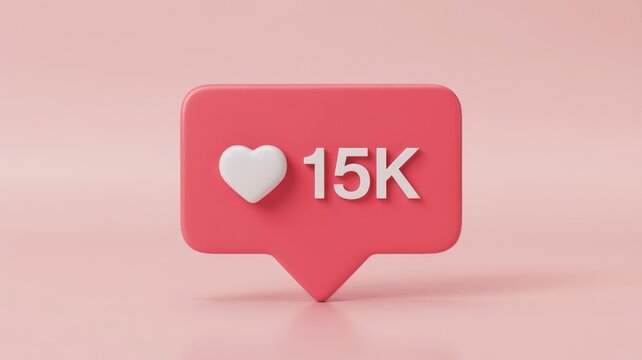 A 3D rendered pink social media notification icon displaying a white heart and '15K' likes, symbolizing online popularity and engagement. - Powered by Adobe