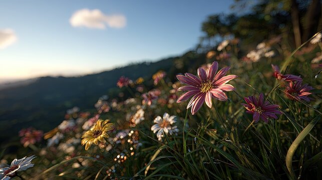 Colorful Wildflowers On Mountainside At Sunrise - Powered by Adobe
