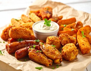 A variety of savory, fried appetizers with dipping sauce on parchment