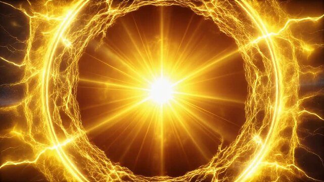 中央の強い光が黄金に広がる迫力ある壁紙背景パーティクル