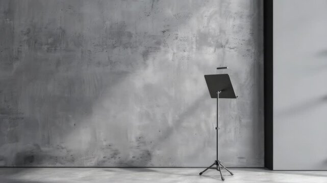 Empty music stand in stark, minimalist room with textured gray walls