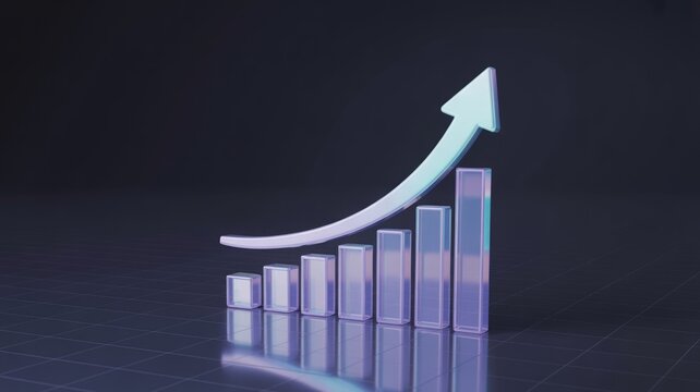 Modern 3D bar chart with a glowing upward arrow symbolizing progress, data visualization, business growth, and financial success.
