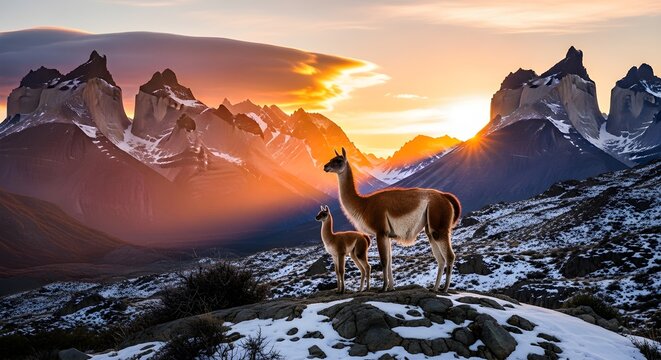 Elegant Guanacos Grazing Gracefully on Snow-Covered Terrain at Dramatic Sunset with Jagged Mountain Peaks - South American Camelids in Natural Alpine Habitat Displaying Wild Spirit and Beauty Against 