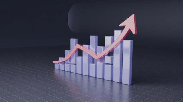 A 3D rendered bar chart illustrating significant business growth and financial success with an upward-trending red arrow on a dark grid background. - Powered by Adobe
