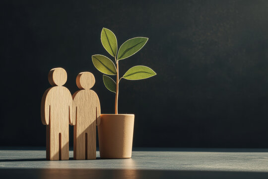 Wooden figures and a potted plant symbolizing growth and relationships. Two wooden figures stand beside a potted plant, representing growth, partnership, and the nurturing of relationships.