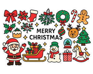 Christmas cartoon vector set of Santa Claus, snowman, tree, and gifts illustration, perfect for a cute winter holiday pattern design