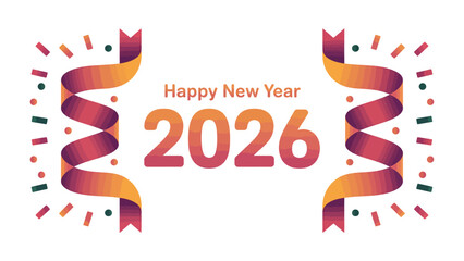 New Year 2026 Celebration: A vibrant celebratory design heralding the arrival of the New Year 2026, complete with colorful ribbons and confetti, embodying the joy and anticipation of the year ahead. 