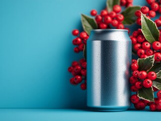 Condensation Covered Aluminum Beverage Can Mockup Against a Simple Blue Background with Vibrant Red Berries and Green Holly Leaves