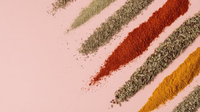 Vibrant diagonal lines of assorted dried spices and herbs including paprika, turmeric, and rosemary on a light pink background.