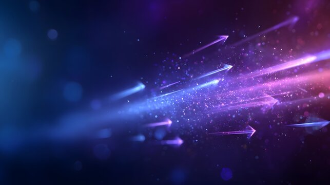 Dynamic luminous arrows streak across a dark background infused with vibrant purple and blue glowing light effects