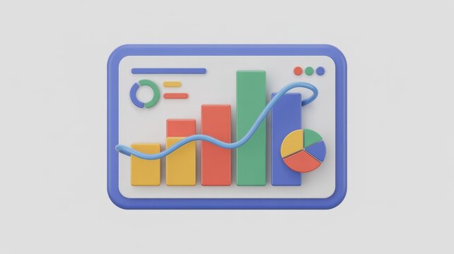 Modern 3D data visualization showing colorful bar, line, and pie charts with progress indicators on a digital dashboard. Business analytics concept. - Powered by Adobe