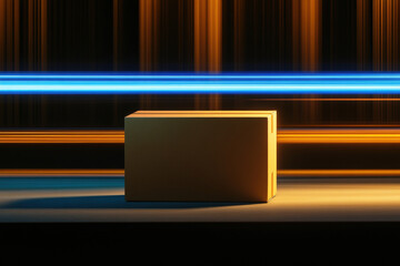 Cardboard box on a futuristic background with neon light streaks. A brown cardboard box is centered against a backdrop of glowing blue and orange light trails.