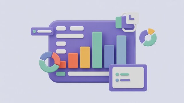 3D rendering of a dashboard displaying data visualization with colorful bar charts, pie charts, and analytics elements.
