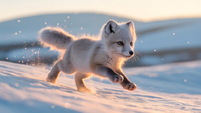 Adorable arctic fox cub running through snowy landscape at sunset