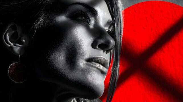 Striking portrait features a woman's profile against a vibrant red background with shadow detail