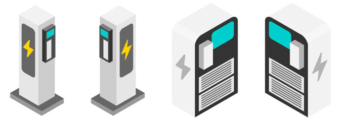 EV充電スタンド、充電ステーションのアイソメトリックイラスト。ベクターイラスト。バリーエーションあり。