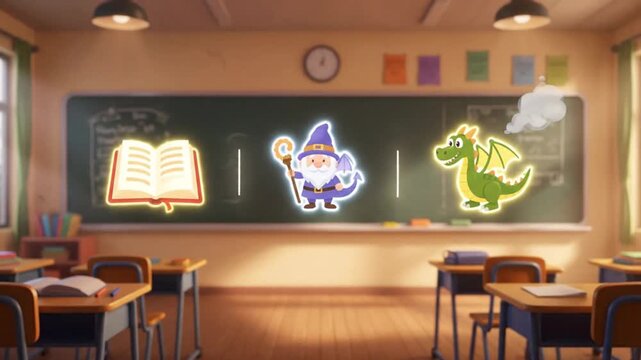 Magical Learning A Charming Classroom Scene Featuring an Open Book, a Wizard, and a Dragon on the Chalkboard, Evoking Fantasy and Education for My Video-14.mp4