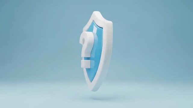 Uncertainty in Digital Security A 3D rendered shield with a question mark, symbolizing unknown cyber threats and data protection challenges