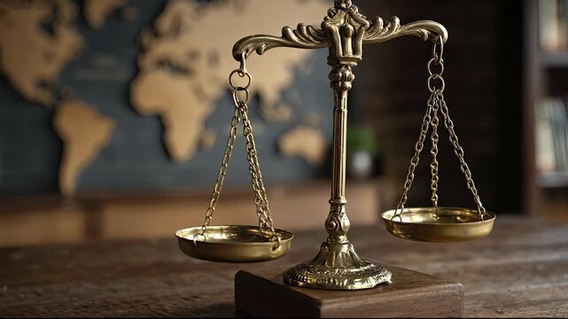 A brass scale of justice on a wooden desk with an out-of-focus world map in the background