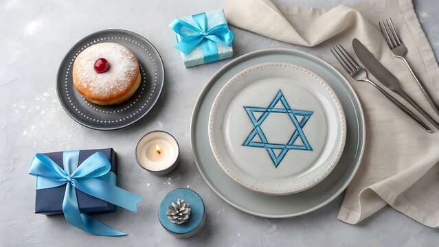 Overhead shot of a hanukkah table setting with a plate decorated with the star of david, a sufganiyot, gifts, and a candle on a gray background