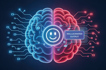 Artificial intelligence neural network brain with hallucinated output for technology innovation and machine learning concepts, data science visualizations