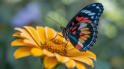 Colorful butterfly resting on a bright yellow daisy flower in nature