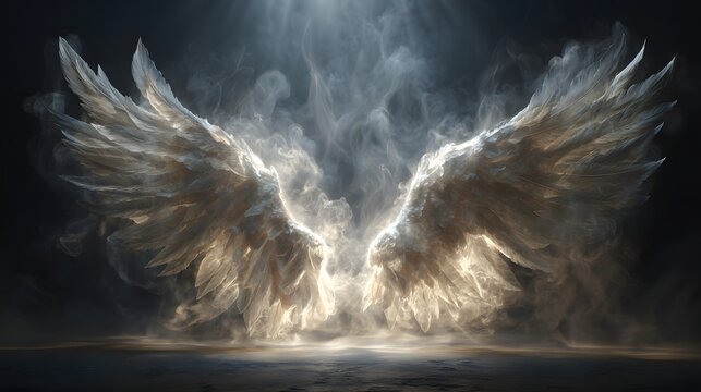 Luminous ethereal wings materialize from swirling mist against a dark background