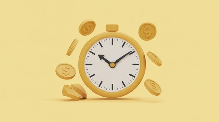 A 3D render depicts a stylized yellow clock surrounded by floating golden dollar coins on a monochromatic yellow background, symbolizing time is money.