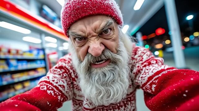 A man in a red and white sweater and a red hat is taking a selfie