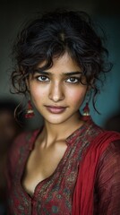 Fototapeta premium Contemporary urban Indian woman portrait with natural lighting, diverse female representation in modern attire